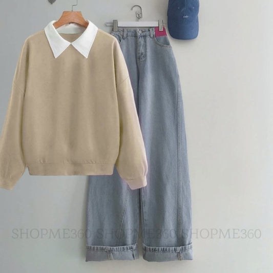 BEIGE COLLAR SWEATSHIRT-SKY BLUE WIDE LEG JEANS