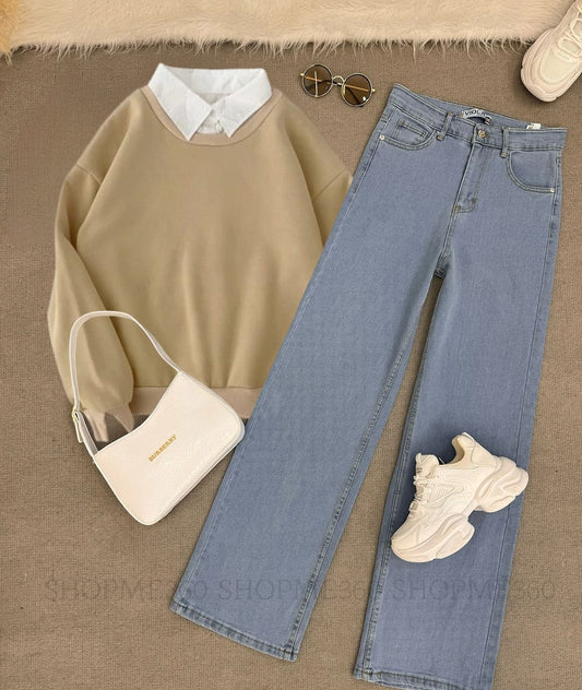 BEIGE COLLAR SWEATSHIRT-SKY BLUE WIDE LEG JEANS