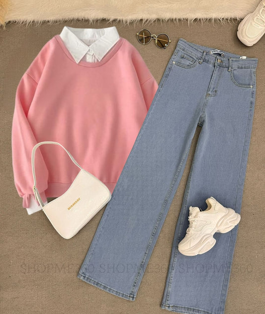 PINK COLLAR SWEATSHIRT-SKY BLUE WIDE LEG JEANS