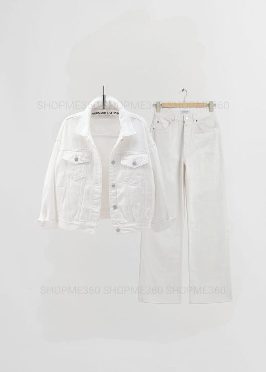 WHITE DENIM JACKET-WHITE WIDE LEG JEANS