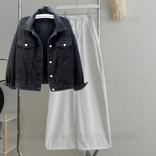 BLACK DENIM JACKET-WHITE WIDE LEG JEANS