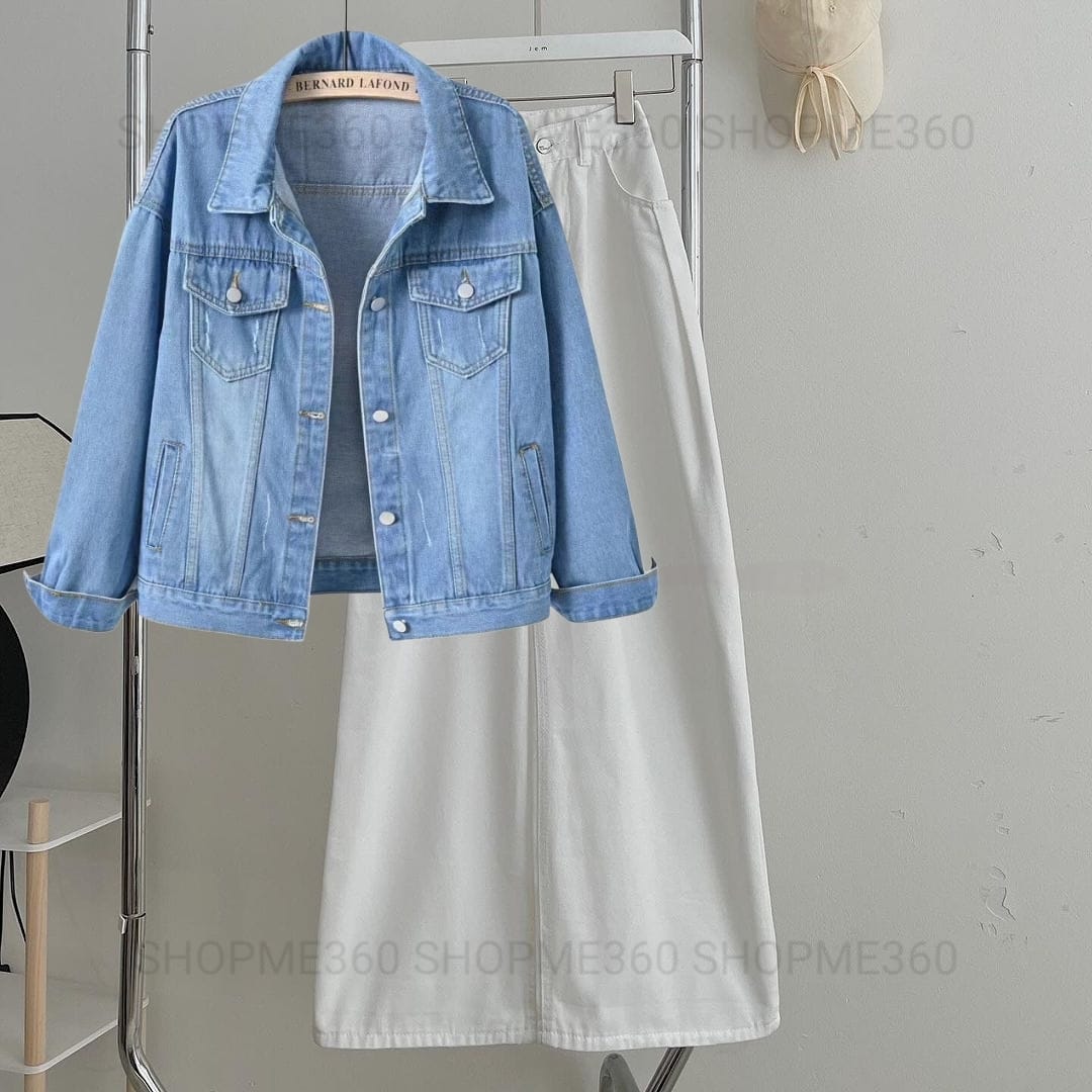 SKY BLUE DENIM JACKET-WHITE WIDE LEG JEANS