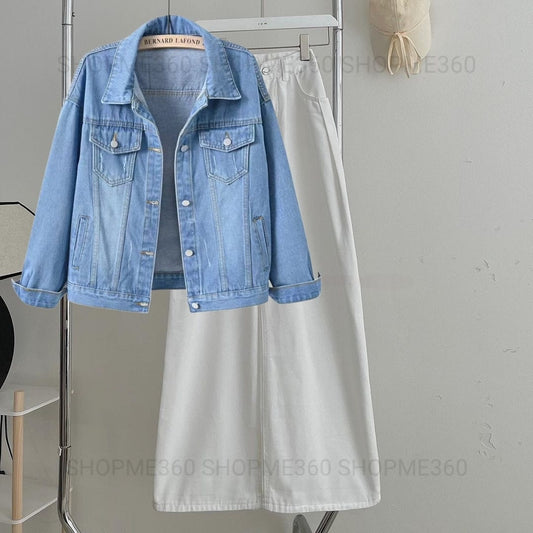 SKY BLUE DENIM JACKET-WHITE WIDE LEG JEANS