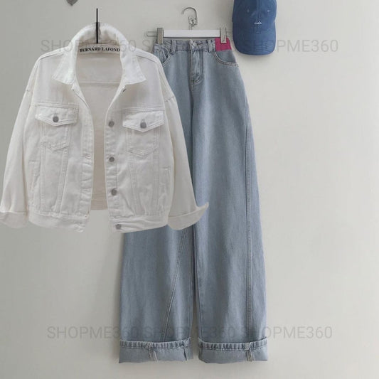 WHITE DENIM JACKET-SKY BLUE WIDE LEG JEANS