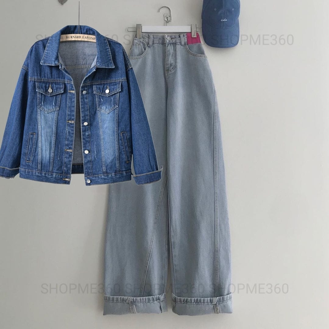 MID BLUE DENIM JACKET-SKY BLUE WIDE LEG JEANS