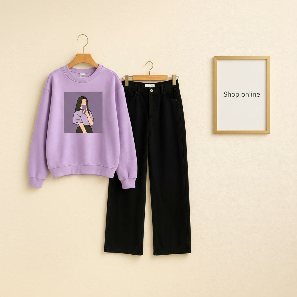 PURPLE BACKGROUND LILAC SWEATSHIRT WITH BLACK WIDE LEG