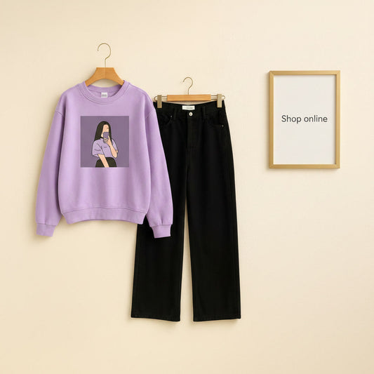 PURPLE BACKGROUND LILAC SWEATSHIRT WITH BLACK WIDE LEG