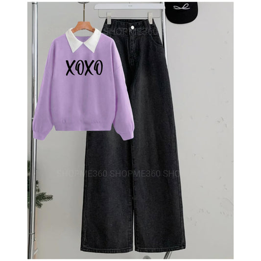 LILAC COLLAR SWEATSHIRT XOXO -BLACK WIDE LEG JEANS