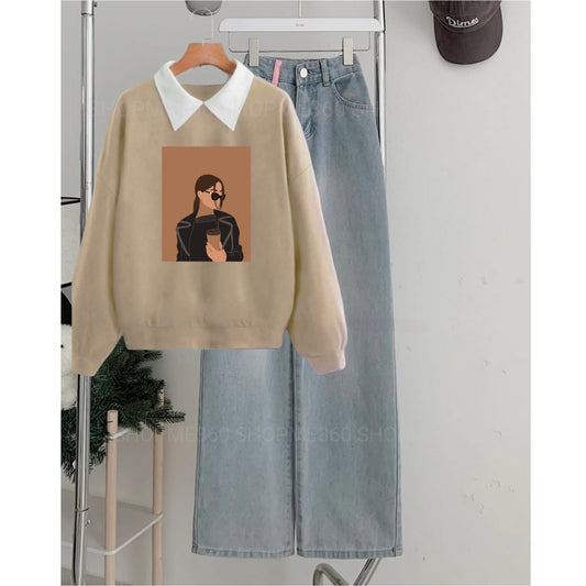 BEIGE COLLAR SWEATSHIRT COFFE GIRL -SKY BLUE WIDE LEG JEANS