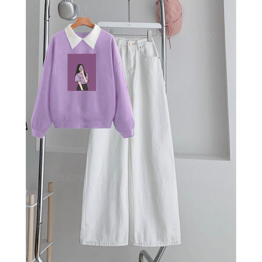 LILAC COLLAR SWEATSHIRT SELFI GIRL -WHITE WIDE LEG JEANS