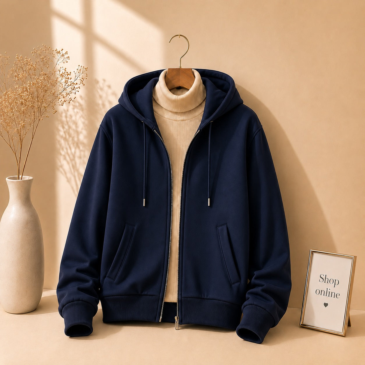 Navy blue Zipper With Beige Highneck