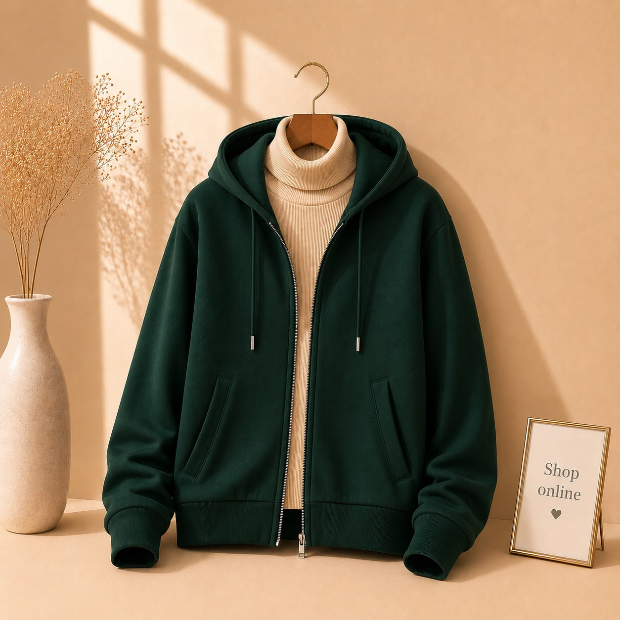 Bottle green Zipper With Beige Highneck
