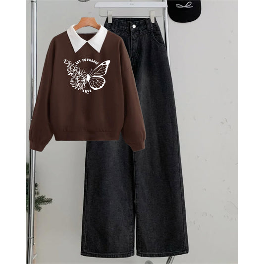 BROWN COLLAR SWEATSHIRT SET YOURSELF BUTTERFLY- BLACK WIDE LEG JEANS