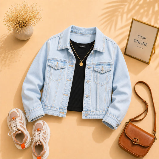 Ice blue Denim Jacket with Black Tank Top