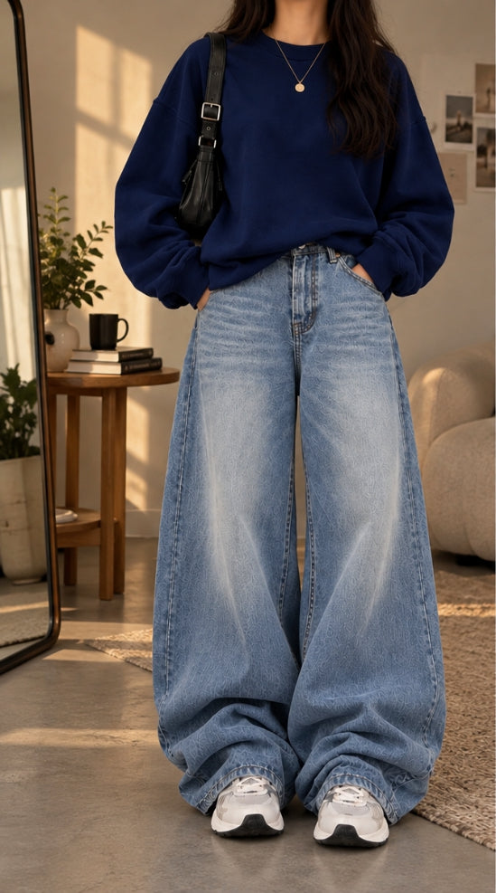 Royal blue Sweatshirt With sky Blue Vintage Faded Jeans