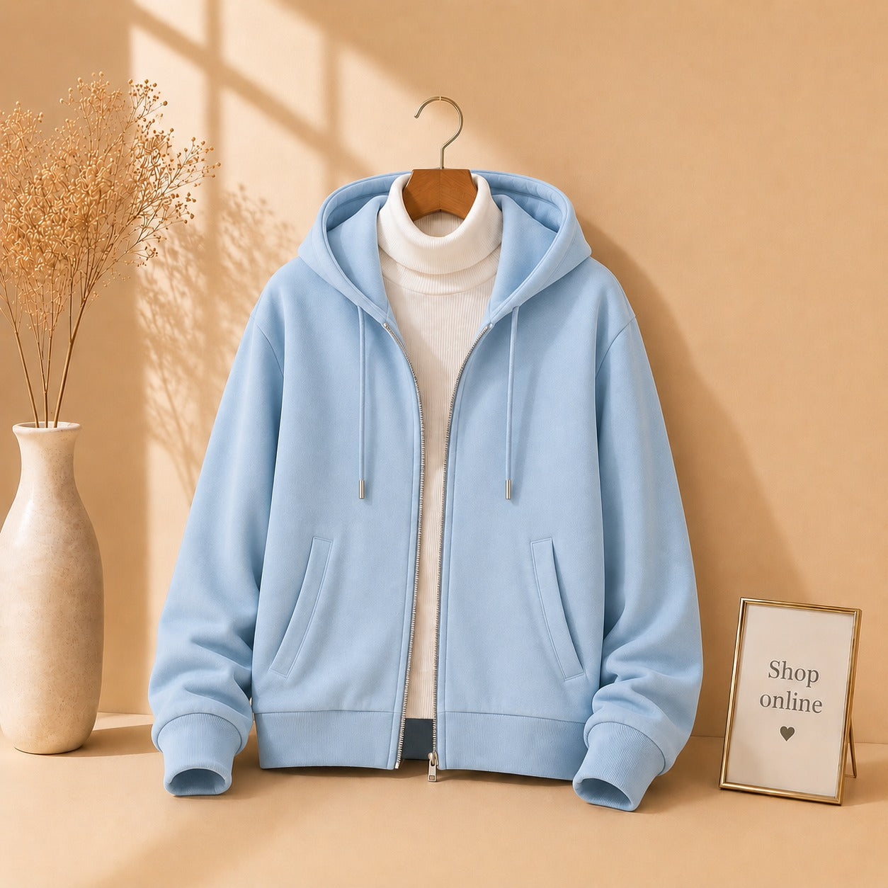 Sky blue Zipper With White Highneck