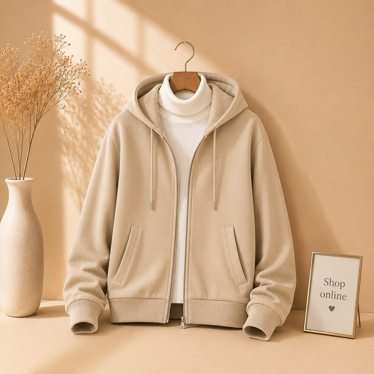 Beige Zipper With White Highneck