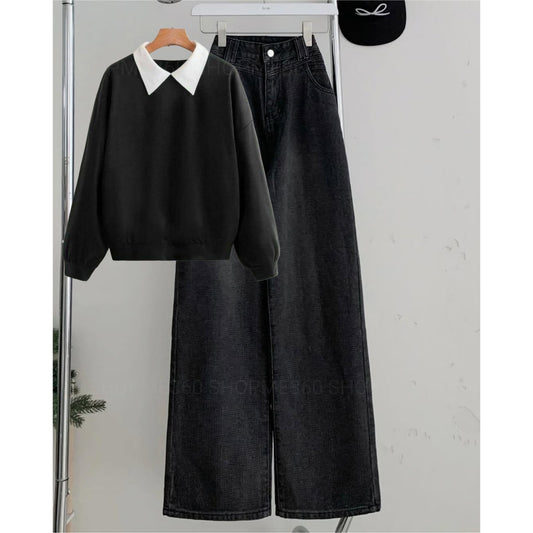 BLACK COLLAR SWEATSHIRT-BLACK WIDE LEG JEANS