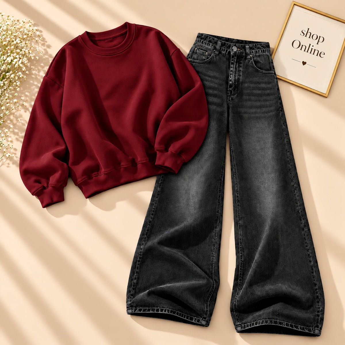 Maroon Sweatshirt With Black Vintage Faded Jeans