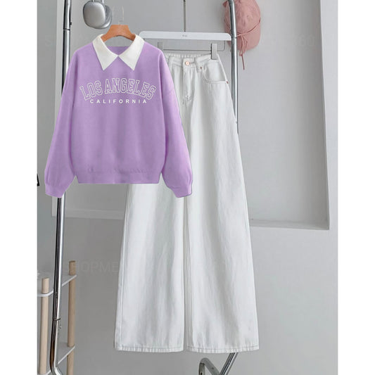 LILAC COLLAR SWEATSHIRT LOSS ANGELES-WHITE WIDE LEG JEANS