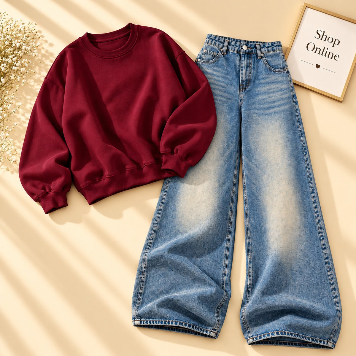Maroon Sweatshirt with sky Blue Vintage Faded Jeans