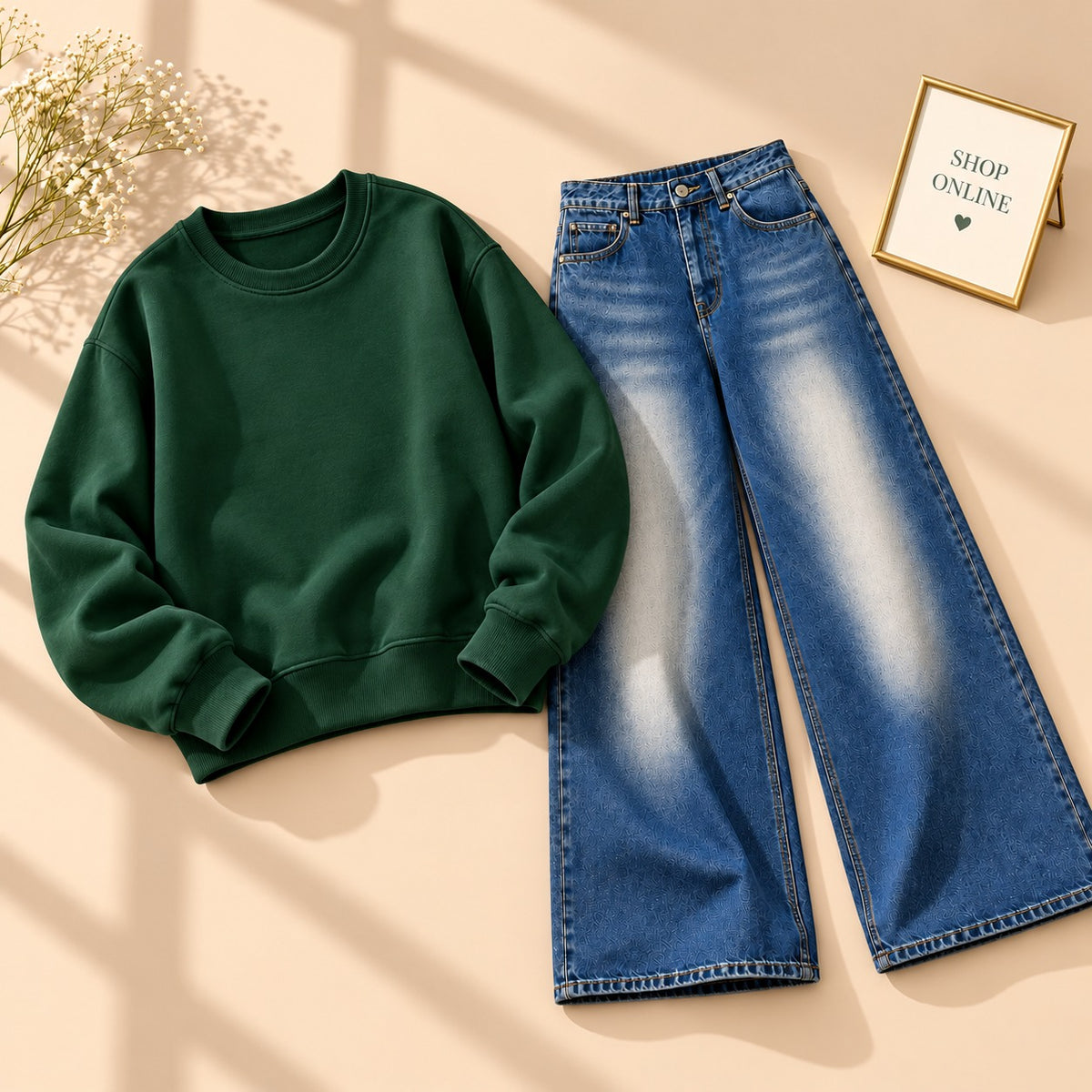Bottle Sweatshirt With Dark Blue Vintage Faded Jeans