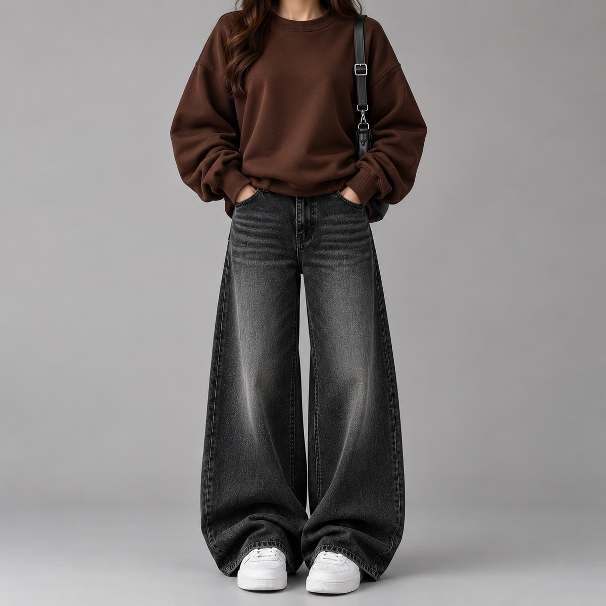 Dark Brown Sweatshirt With Black Vintage Faded Jeans