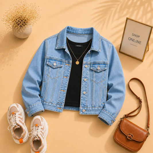 Sky blue Denim Jacket with Black Tank Top