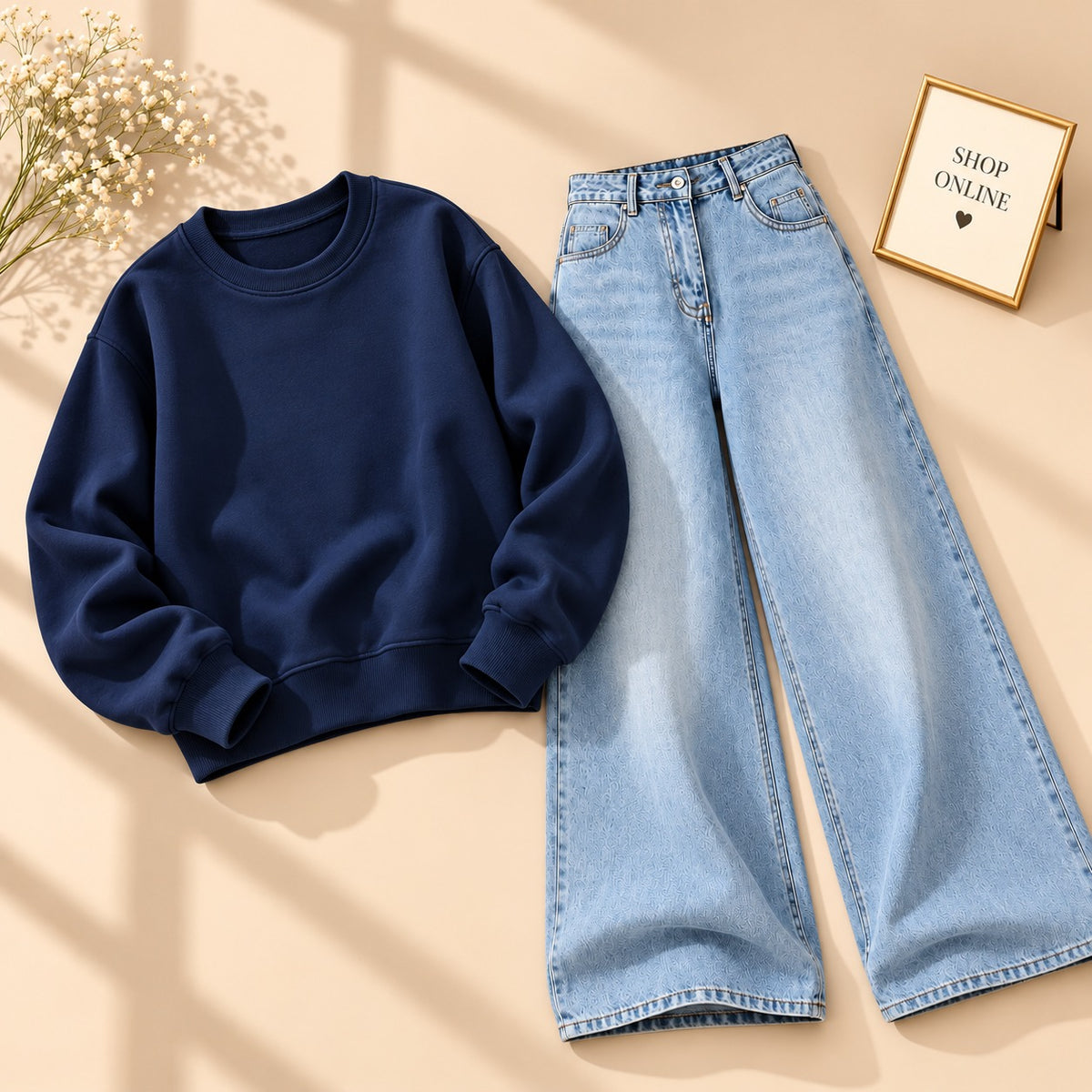 Royal Blue Sweatshirt With Ice Blue Vintage Faded Jeans