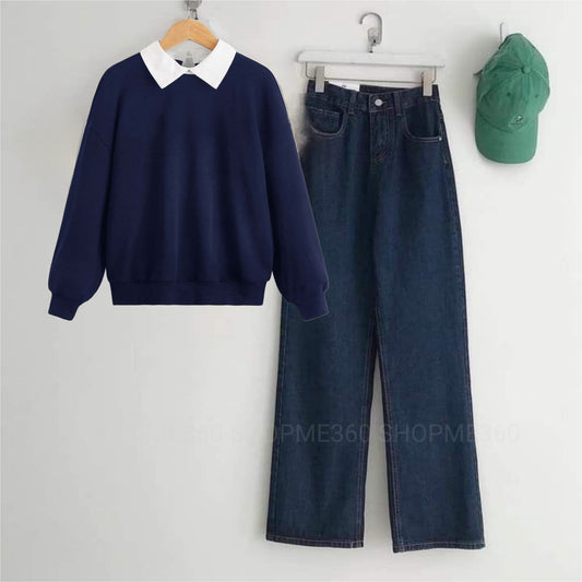 NAVY BLUE COLLAR SWEATSHIRT-DARK BLUE WIDE LEG JEANS