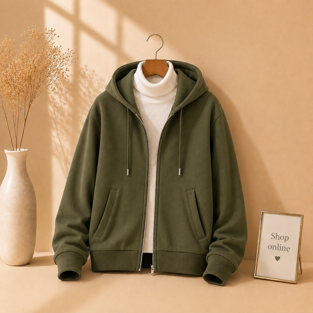 Olive green Zipper With White Highneck