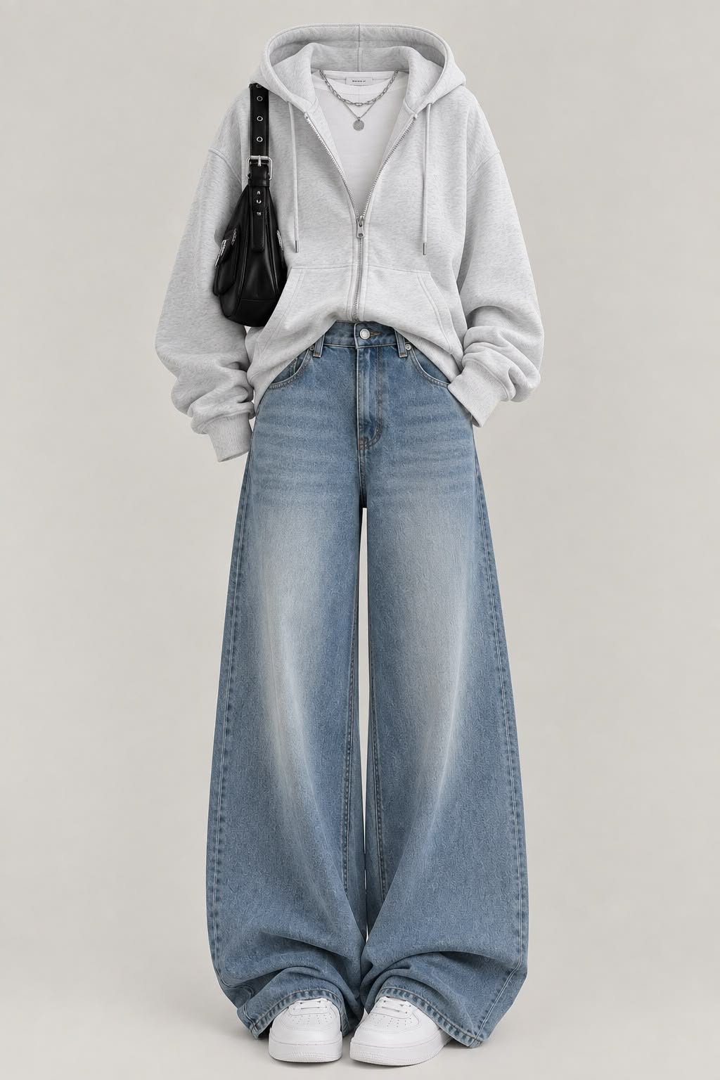 Grey zipper white Tank Top and sky blue vintage Faded Jeans