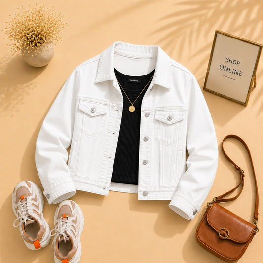 White Denim Jacket with Black Tank Top