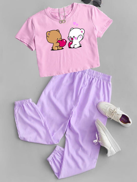 LILAC TROUSER -PINK CROP TEE PAIR