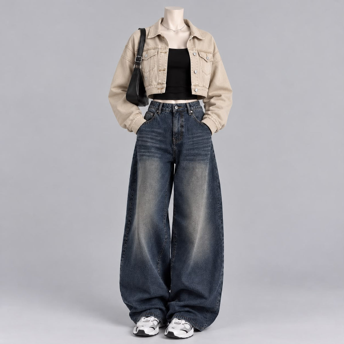 Beige Jacket Black Tank Top and Dark Blue vintage Faded Jeans