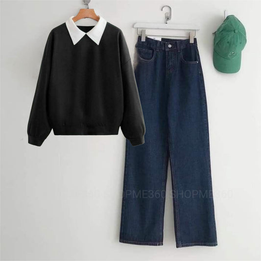 BLACK COLLAR SWEATSHIRT-DARK BLUE WIDE LEG JEANS