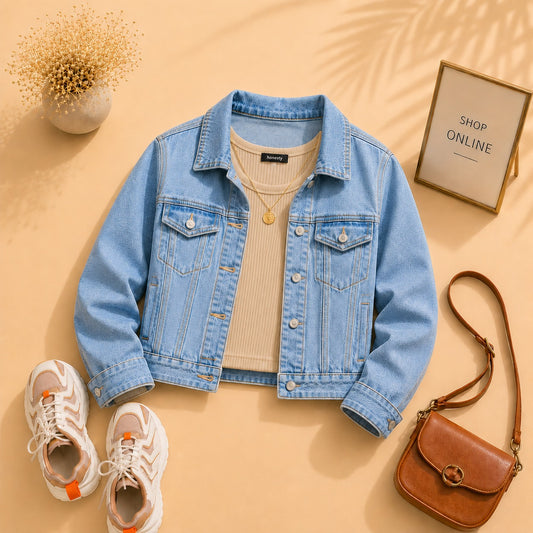 Sky blue Denim Jacket with Beige Tank Top
