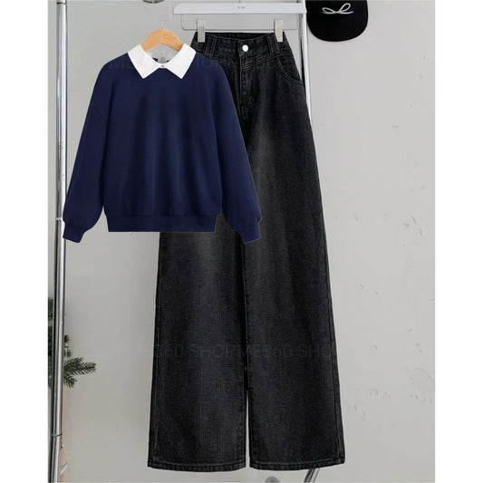 NAVY BLUE COLLAR SWEATSHIRT-BLACK WIDE LEG JEANS