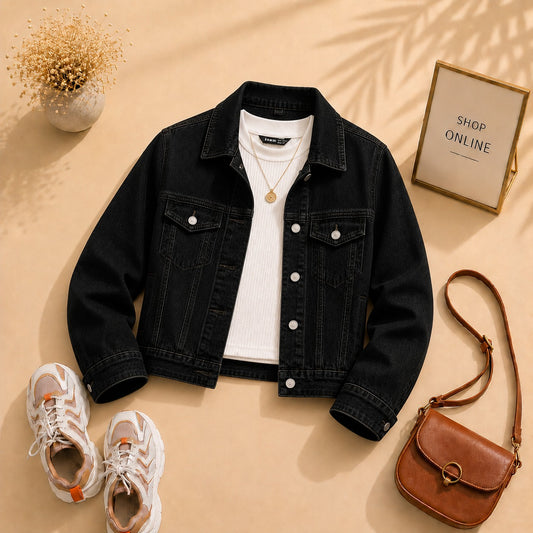 Black Denim Jacket with White Tank Top