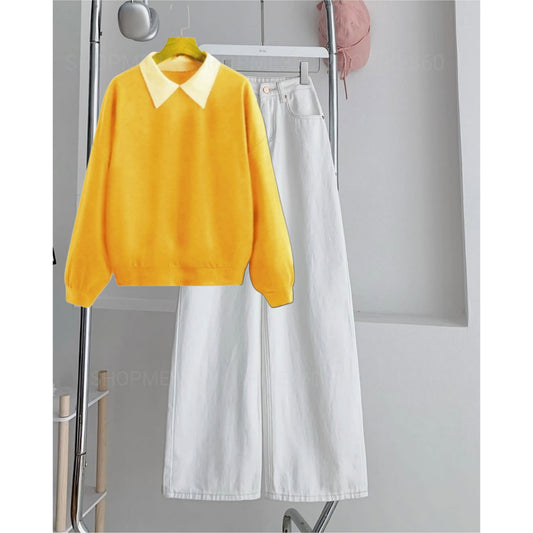 YELLOW COLLAR SWEATSHIRT-WHITE WIDE LEG JEANS