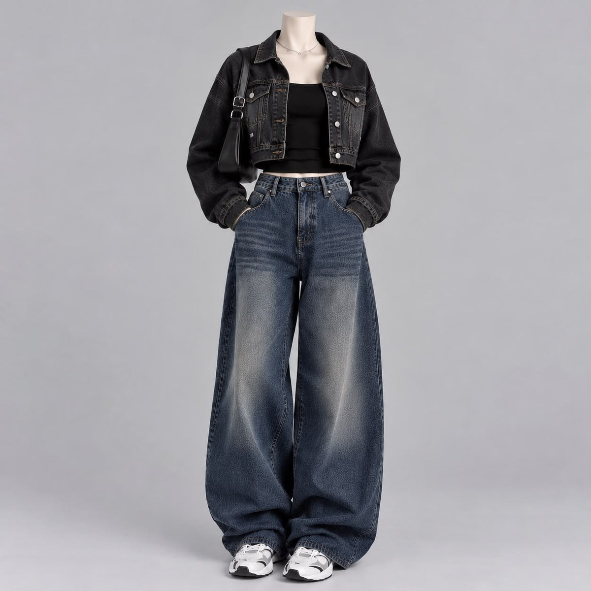 Black Jacket Black Tank Top and dark Blue vintage Faded Jeans