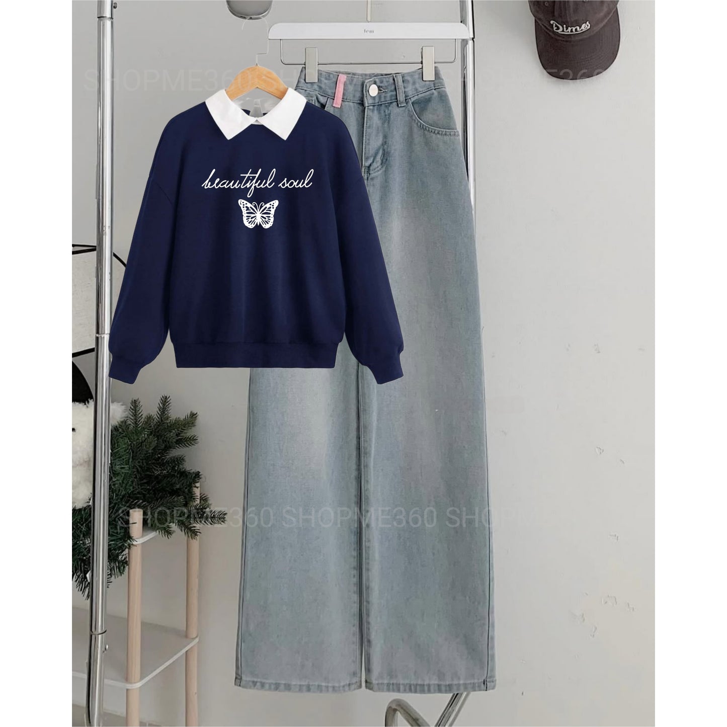 NAVY BLUE COLLAR SWEATSHIRT BEAUTIFUL SOUL -SKY BLUE WIDE LEG JEANS