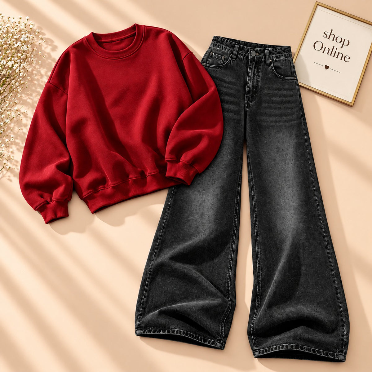 Red Sweatshirt With Black Vintage Faded Jeans
