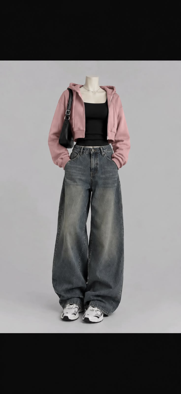 Pink Crop zipper black Tank Top and dark Blue vintage Faded Jeans