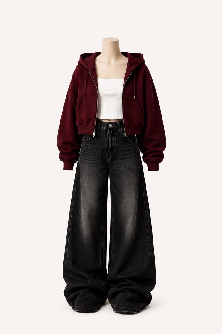Maroon Crop zipper white Tank Top and black vintage Faded Jeans