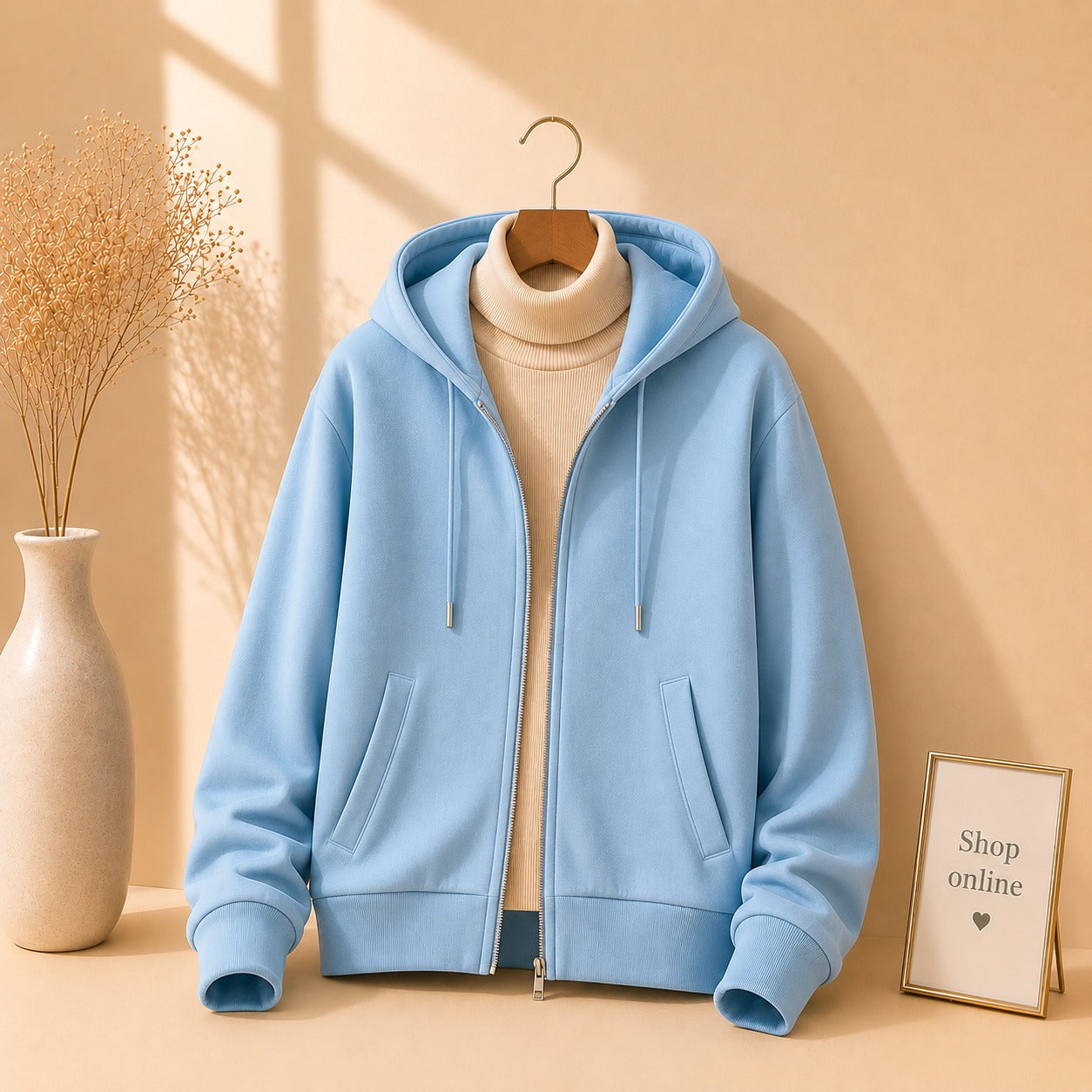 Sky blue Zipper With Beige Highneck