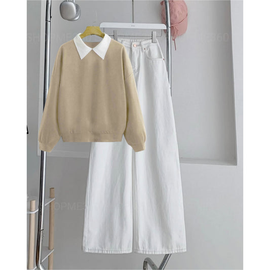 BEIGE COLLAR SWEATSHIRT-WHITE WIDE LEG JEANS