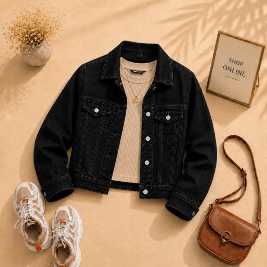 Black Denim Jacket with Beige Tank Top