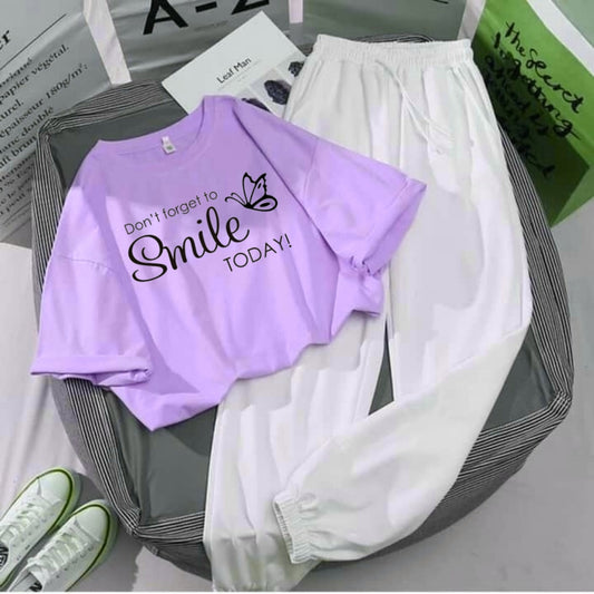 WHITE TROUSER LILAC CROP TEE DON'T FORGET TO SMILE TODAY