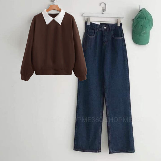 BROWN COLLAR SWEATSHIRT-DARK BLUE WIDE LEG JEANS